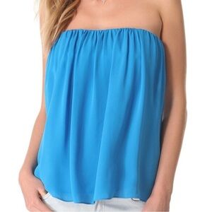 ALICE + OLIVIA SCARLETT BLUE SILK STRAPLESS FLOWY SHIRT BLOUSE WOMENS SZ SMALL